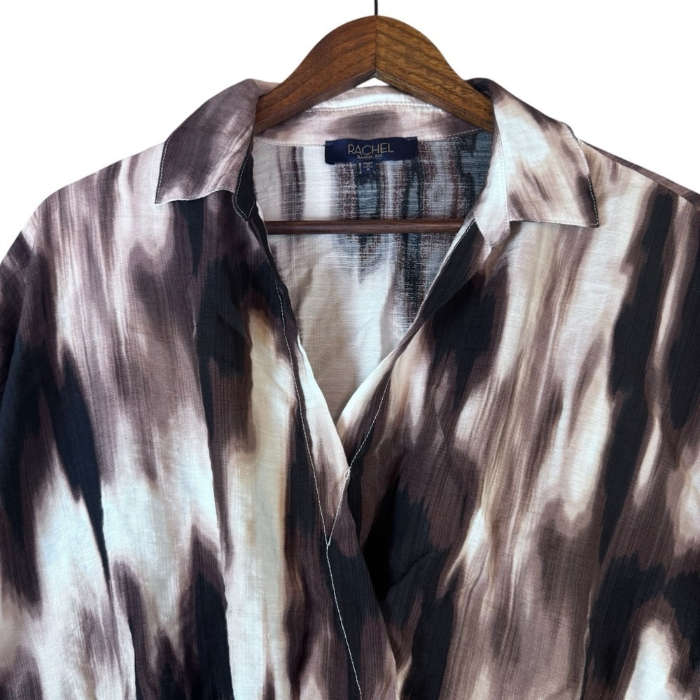 Rachel Roy Brown and Cream V Neck, Collard Linen Blouse - Picture 4 of 14